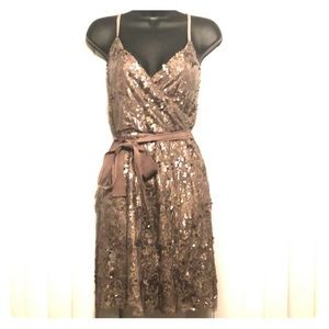 gold sequin mini dress from express with mid section sash